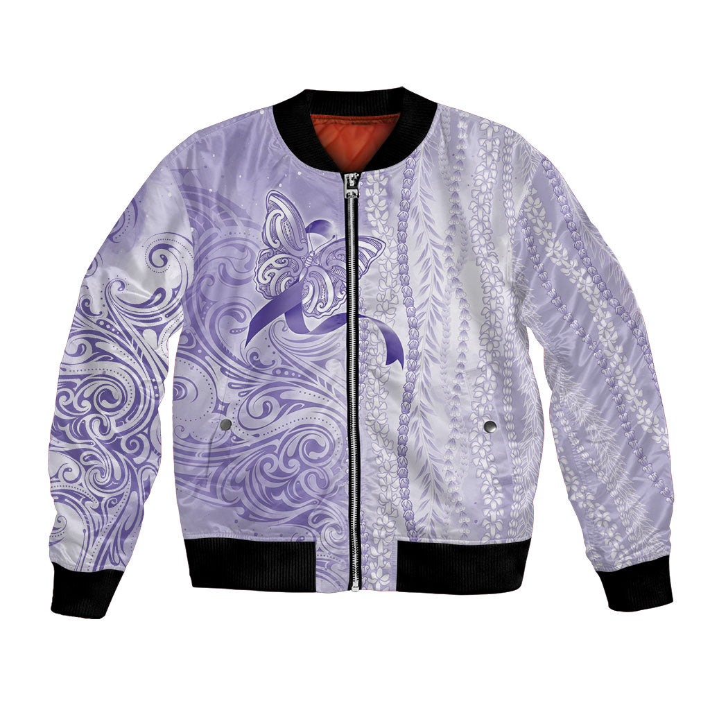 Hawaii Epilepsy Support Purple Ribbon Strength Bomber Jacket Maile Pikake Lokelani Crown Flower Lei Inspired
