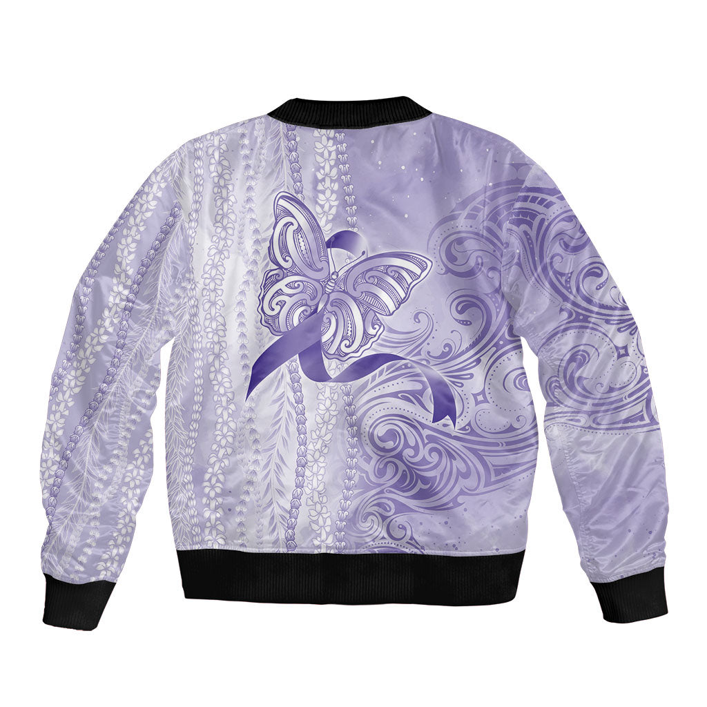 Hawaii Epilepsy Support Purple Ribbon Strength Bomber Jacket Maile Pikake Lokelani Crown Flower Lei Inspired