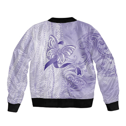 Hawaii Epilepsy Support Purple Ribbon Strength Bomber Jacket Maile Pikake Lokelani Crown Flower Lei Inspired