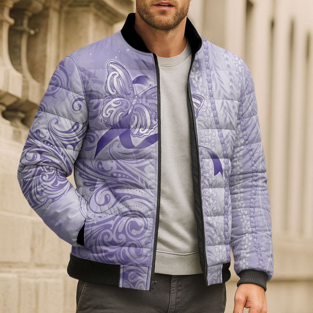Hawaii Epilepsy Support Purple Ribbon Strength Bomber Puffer Jacket Maile Pikake Lokelani Crown Flower Lei Inspired