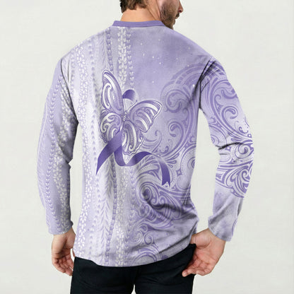 Hawaii Epilepsy Support Purple Ribbon Strength Button Sweatshirt Maile Pikake Lokelani Crown Flower Lei Inspired