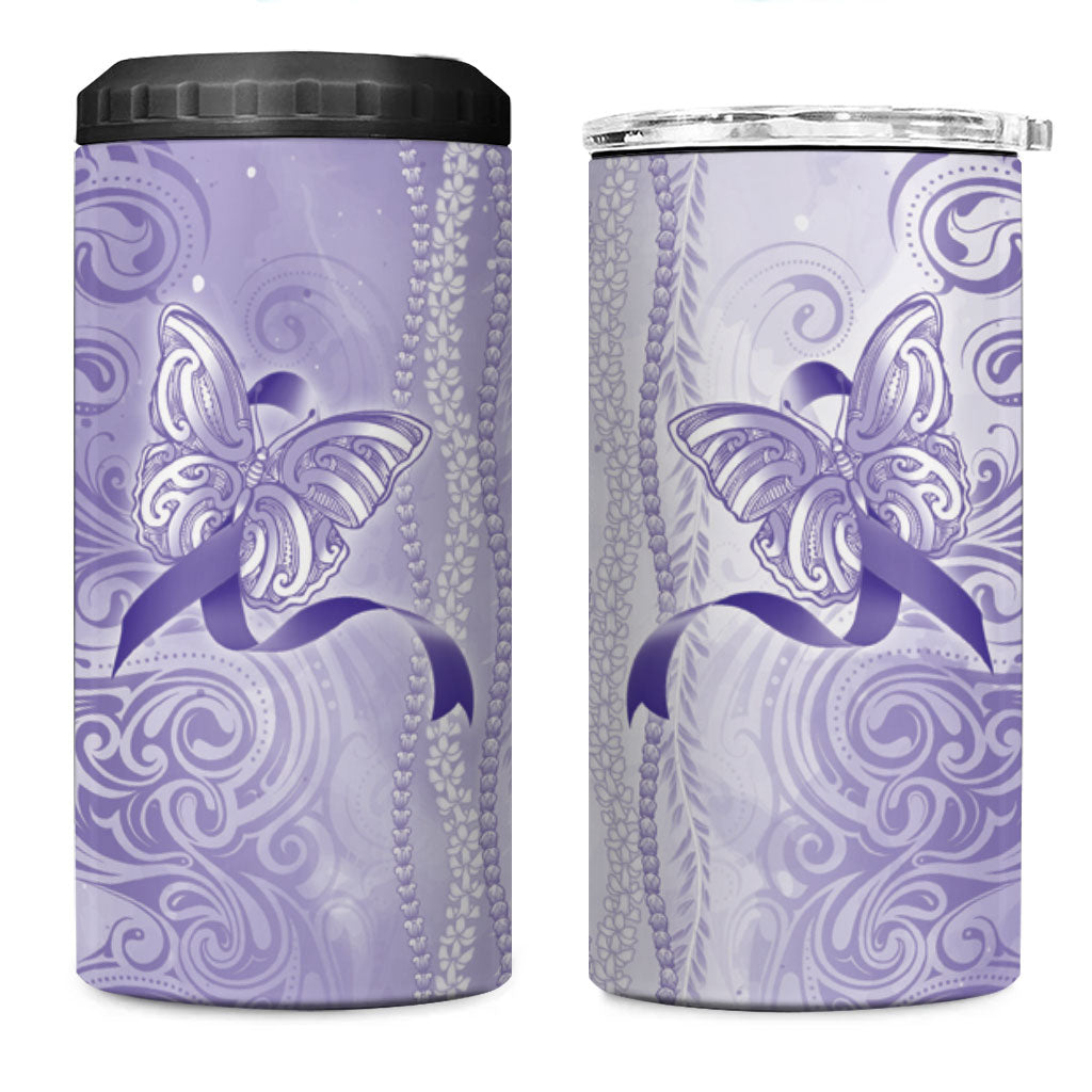 Hawaii Epilepsy Support Purple Ribbon Strength 4 in 1 Can Cooler Tumbler Maile Pikake Lokelani Crown Flower Lei Inspired