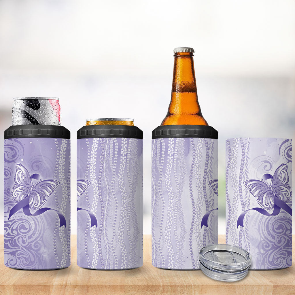 Hawaii Epilepsy Support Purple Ribbon Strength 4 in 1 Can Cooler Tumbler Maile Pikake Lokelani Crown Flower Lei Inspired