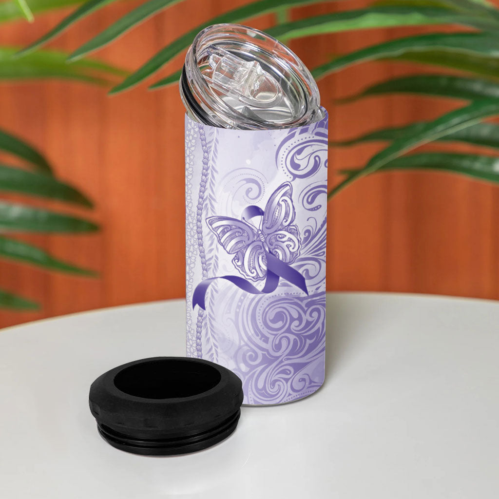 Hawaii Epilepsy Support Purple Ribbon Strength 4 in 1 Can Cooler Tumbler Maile Pikake Lokelani Crown Flower Lei Inspired