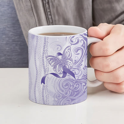 Hawaii Epilepsy Support Purple Ribbon Strength Ceramic Mug Maile Pikake Lokelani Crown Flower Lei Inspired