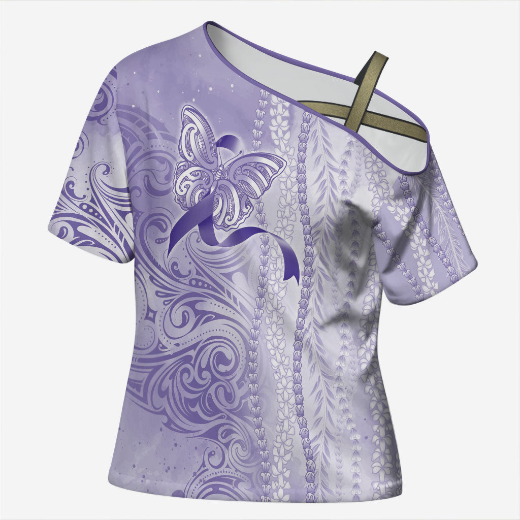 Hawaii Epilepsy Support Purple Ribbon Strength Cross Shoulder Shirt Maile Pikake Lokelani Crown Flower Lei Inspired