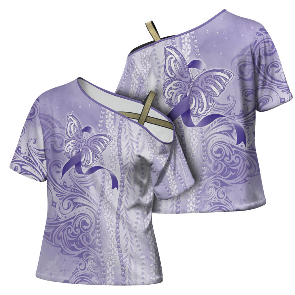 Hawaii Epilepsy Support Purple Ribbon Strength Cross Shoulder Shirt Maile Pikake Lokelani Crown Flower Lei Inspired