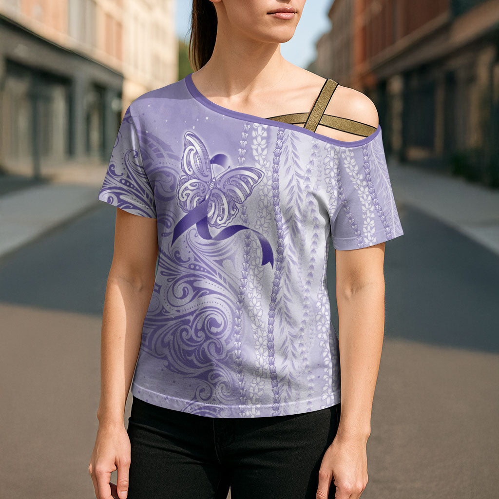 Hawaii Epilepsy Support Purple Ribbon Strength Cross Shoulder Shirt Maile Pikake Lokelani Crown Flower Lei Inspired