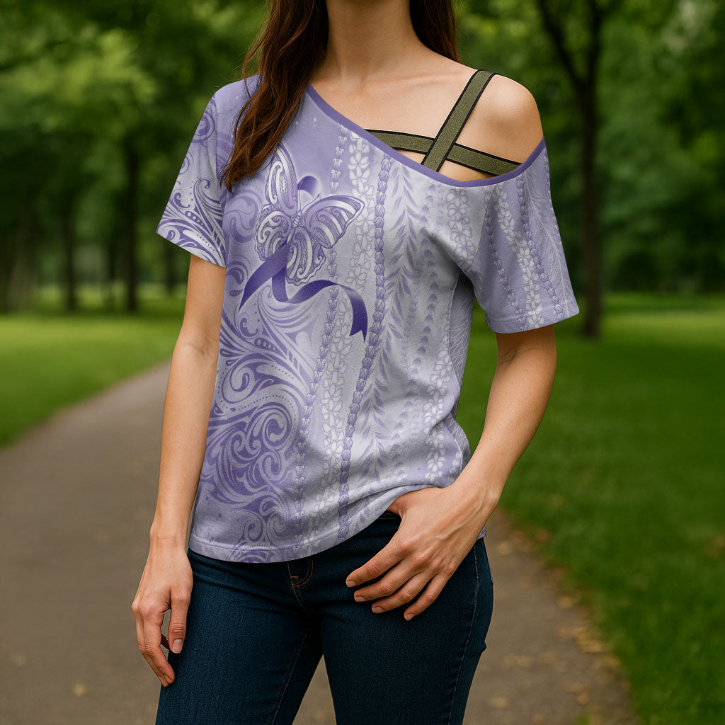 Hawaii Epilepsy Support Purple Ribbon Strength Cross Shoulder Shirt Maile Pikake Lokelani Crown Flower Lei Inspired