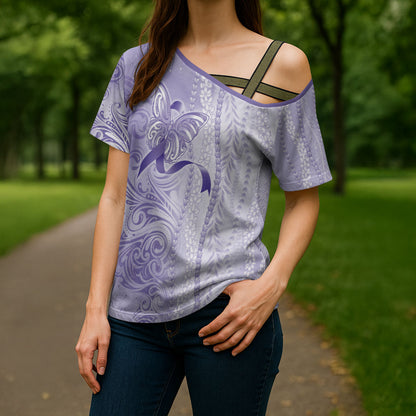Hawaii Epilepsy Support Purple Ribbon Strength Cross Shoulder Shirt Maile Pikake Lokelani Crown Flower Lei Inspired