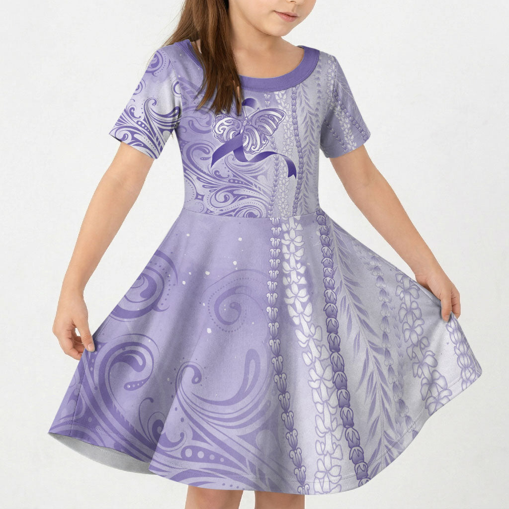 Hawaii Epilepsy Support Purple Ribbon Strength Kid Short Sleeve Dress Maile Pikake Lokelani Crown Flower Lei Inspired