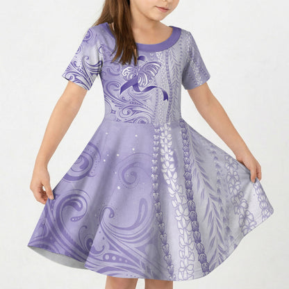 Hawaii Epilepsy Support Purple Ribbon Strength Kid Short Sleeve Dress Maile Pikake Lokelani Crown Flower Lei Inspired