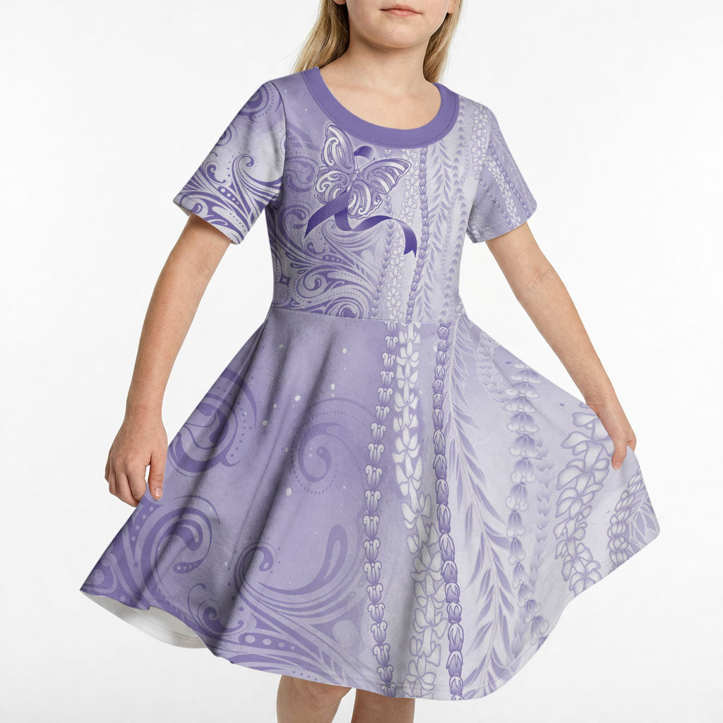 Hawaii Epilepsy Support Purple Ribbon Strength Kid Short Sleeve Dress Maile Pikake Lokelani Crown Flower Lei Inspired