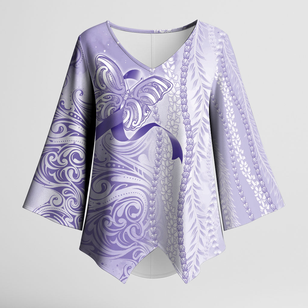 Hawaii Epilepsy Support Purple Ribbon Strength Kimono Sleeve Blouse Maile Pikake Lokelani Crown Flower Lei Inspired