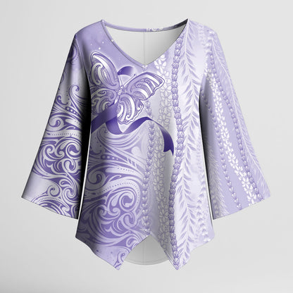 Hawaii Epilepsy Support Purple Ribbon Strength Kimono Sleeve Blouse Maile Pikake Lokelani Crown Flower Lei Inspired