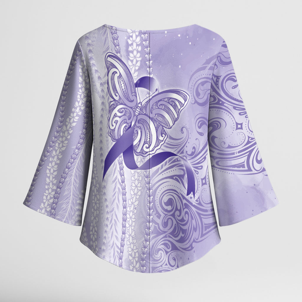 Hawaii Epilepsy Support Purple Ribbon Strength Kimono Sleeve Blouse Maile Pikake Lokelani Crown Flower Lei Inspired