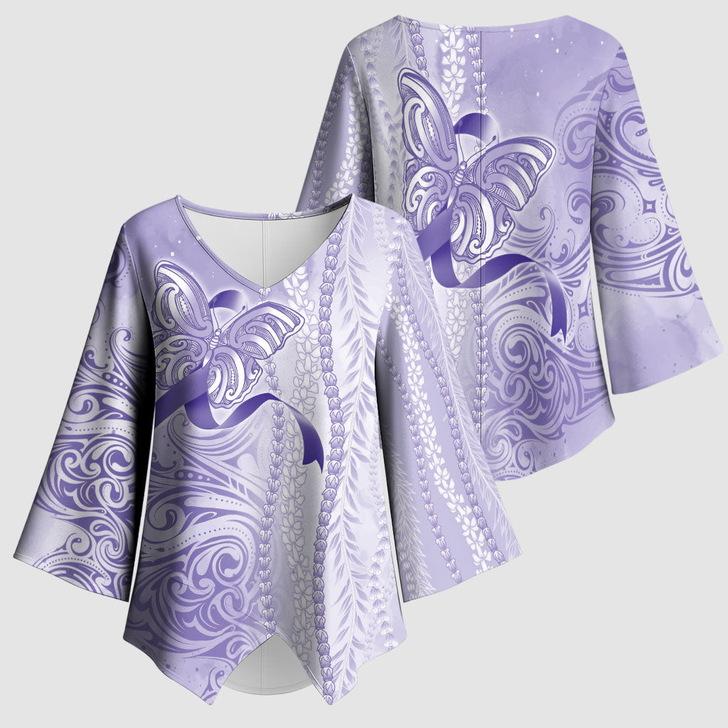 Hawaii Epilepsy Support Purple Ribbon Strength Kimono Sleeve Blouse Maile Pikake Lokelani Crown Flower Lei Inspired