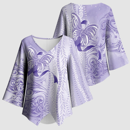 Hawaii Epilepsy Support Purple Ribbon Strength Kimono Sleeve Blouse Maile Pikake Lokelani Crown Flower Lei Inspired