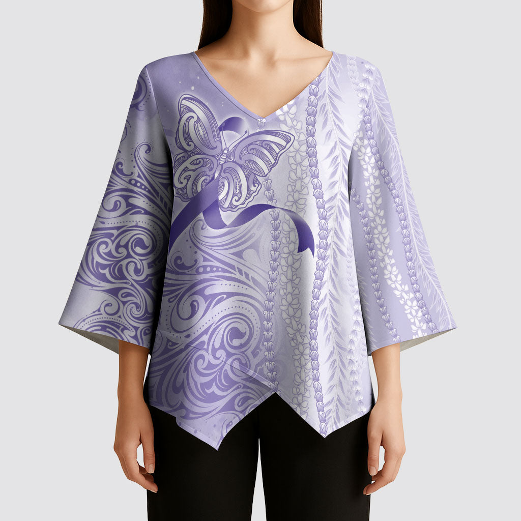 Hawaii Epilepsy Support Purple Ribbon Strength Kimono Sleeve Blouse Maile Pikake Lokelani Crown Flower Lei Inspired