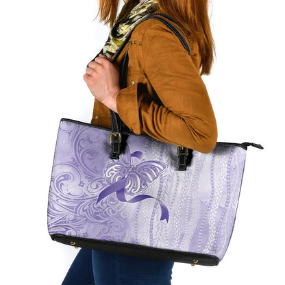 Hawaii Epilepsy Support Purple Ribbon Strength Leather Tote Bag Maile Pikake Lokelani Crown Flower Lei Inspired