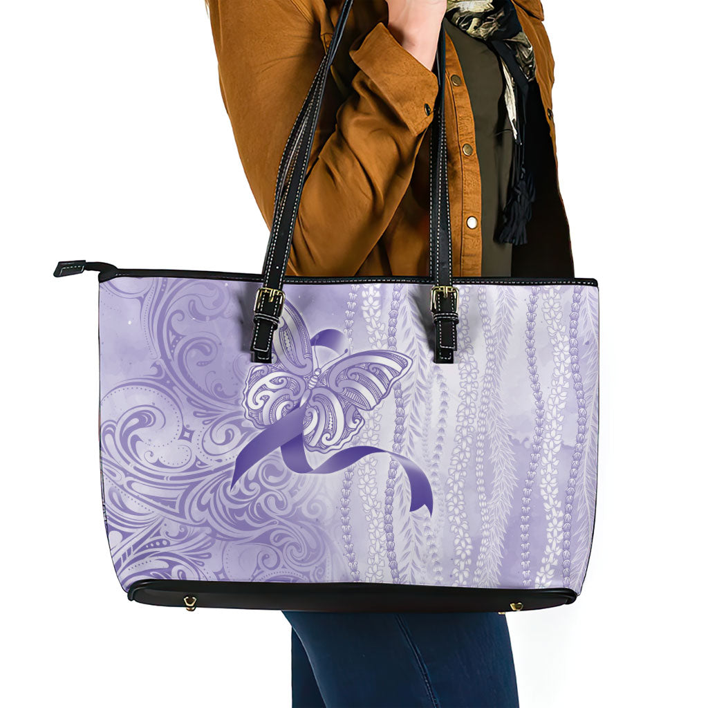 Hawaii Epilepsy Support Purple Ribbon Strength Leather Tote Bag Maile Pikake Lokelani Crown Flower Lei Inspired