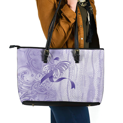 Hawaii Epilepsy Support Purple Ribbon Strength Leather Tote Bag Maile Pikake Lokelani Crown Flower Lei Inspired