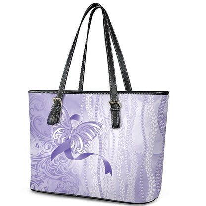 Hawaii Epilepsy Support Purple Ribbon Strength Leather Tote Bag Maile Pikake Lokelani Crown Flower Lei Inspired