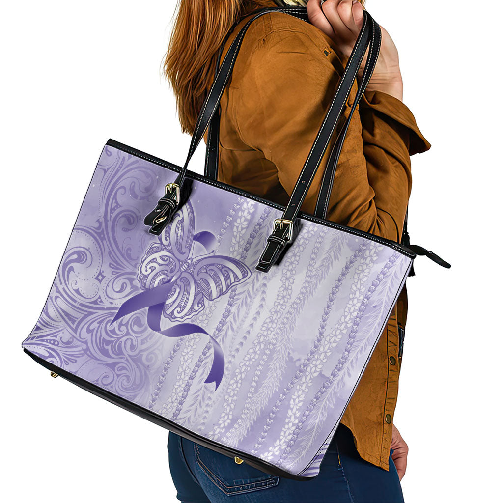 Hawaii Epilepsy Support Purple Ribbon Strength Leather Tote Bag Maile Pikake Lokelani Crown Flower Lei Inspired