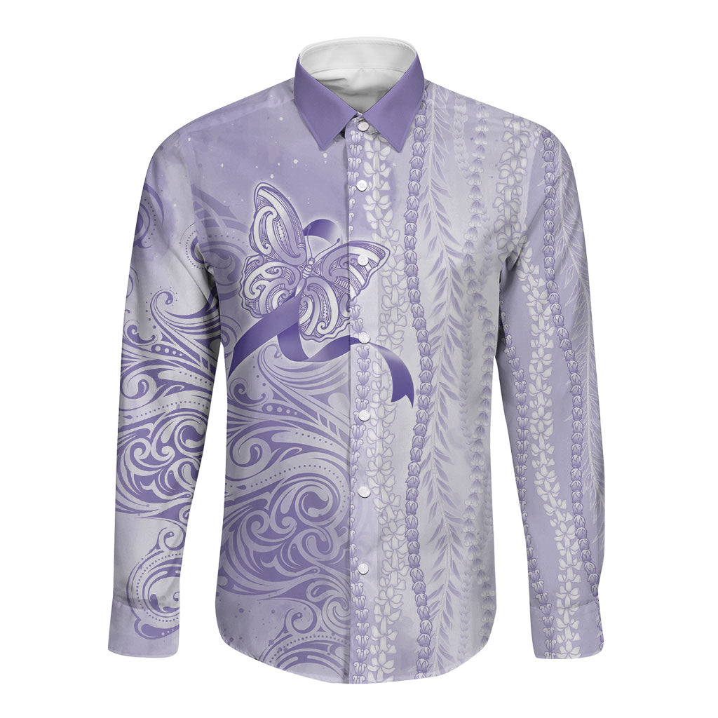 Hawaii Epilepsy Support Purple Ribbon Strength Long Sleeve Button Shirt Maile Pikake Lokelani Crown Flower Lei Inspired