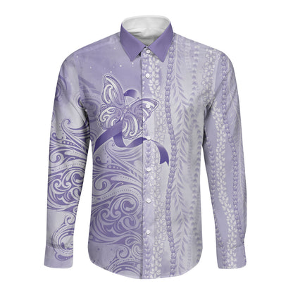 Hawaii Epilepsy Support Purple Ribbon Strength Long Sleeve Button Shirt Maile Pikake Lokelani Crown Flower Lei Inspired