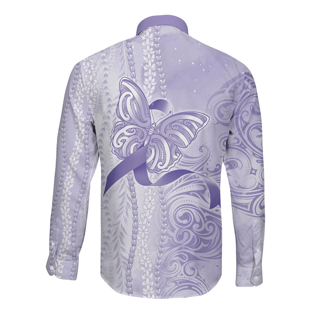 Hawaii Epilepsy Support Purple Ribbon Strength Long Sleeve Button Shirt Maile Pikake Lokelani Crown Flower Lei Inspired