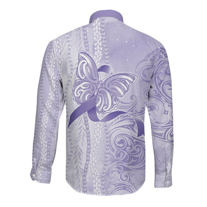 Hawaii Epilepsy Support Purple Ribbon Strength Long Sleeve Button Shirt Maile Pikake Lokelani Crown Flower Lei Inspired
