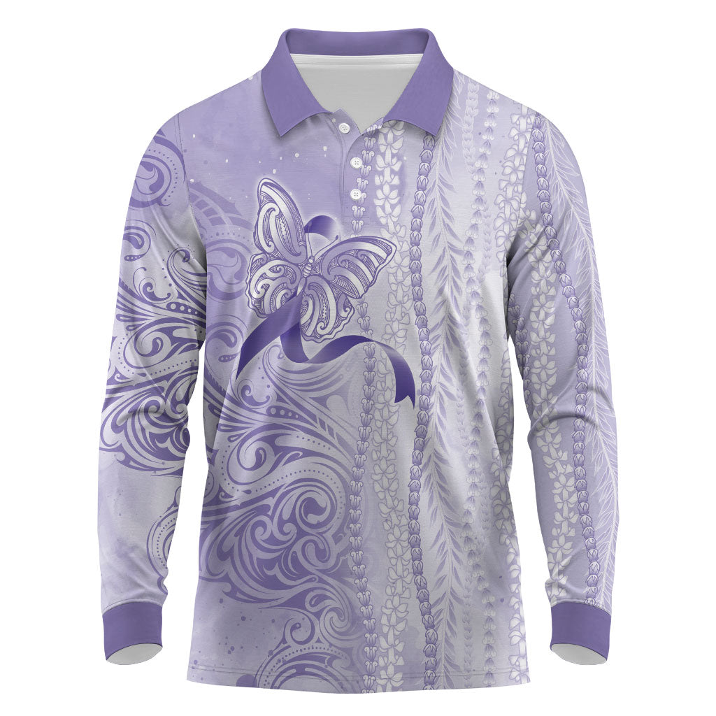 Hawaii Epilepsy Support Purple Ribbon Strength Long Sleeve Polo Shirt Maile Pikake Lokelani Crown Flower Lei Inspired