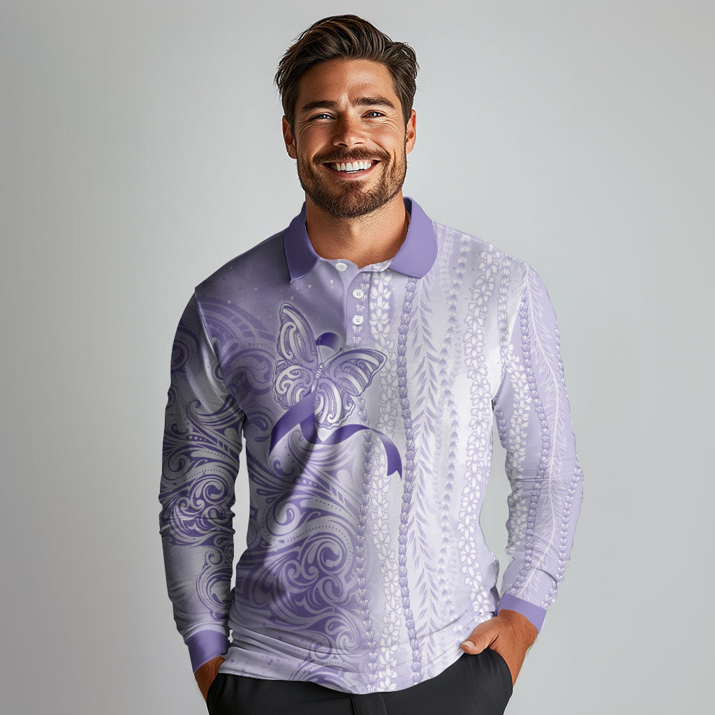 Hawaii Epilepsy Support Purple Ribbon Strength Long Sleeve Polo Shirt Maile Pikake Lokelani Crown Flower Lei Inspired