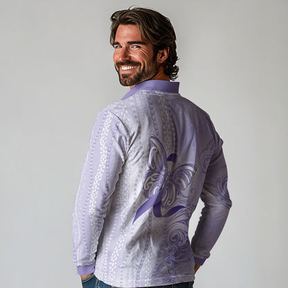 Hawaii Epilepsy Support Purple Ribbon Strength Long Sleeve Polo Shirt Maile Pikake Lokelani Crown Flower Lei Inspired