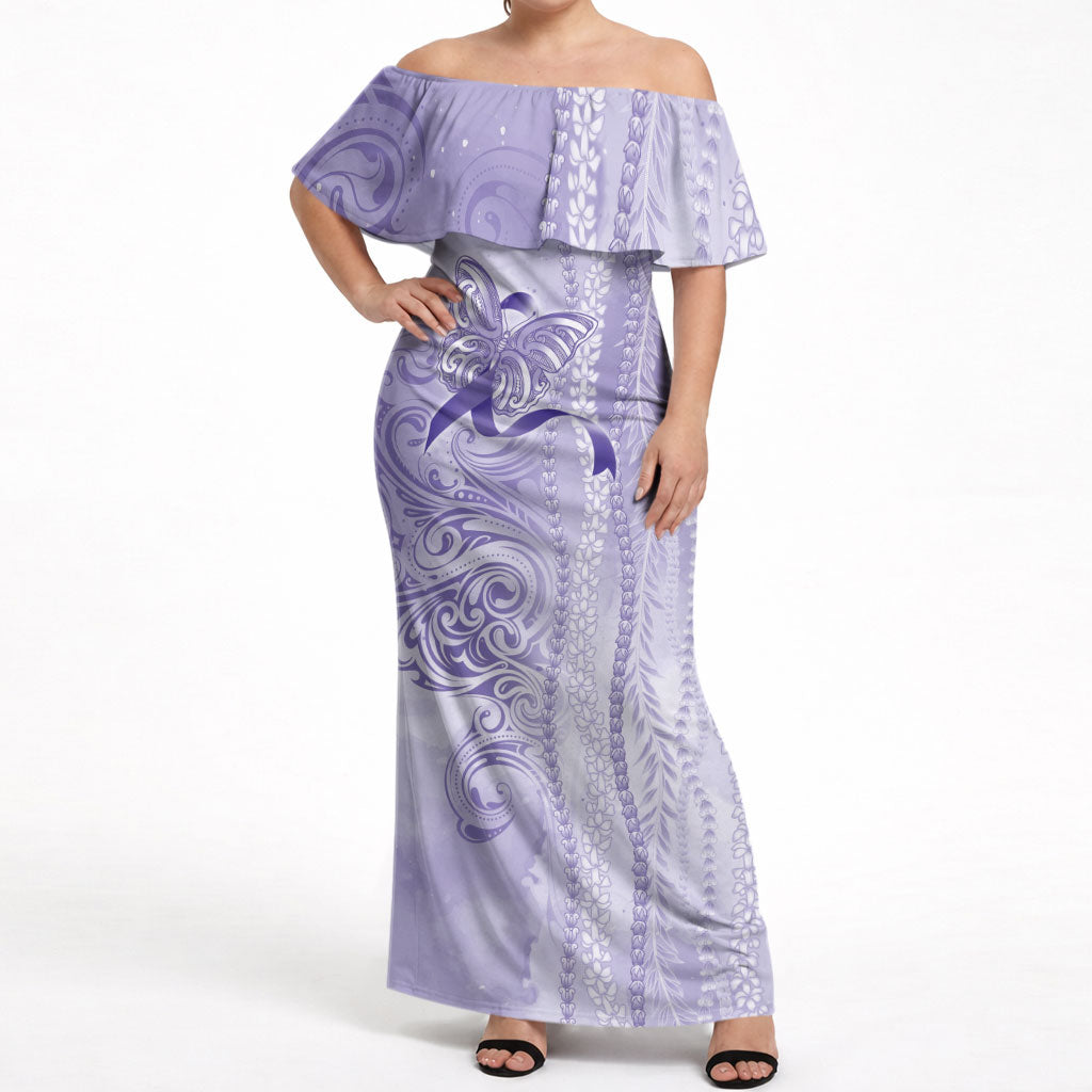 Hawaii Epilepsy Support Purple Ribbon Strength Off Shoulder Maxi Dress Maile Pikake Lokelani Crown Flower Lei Inspired