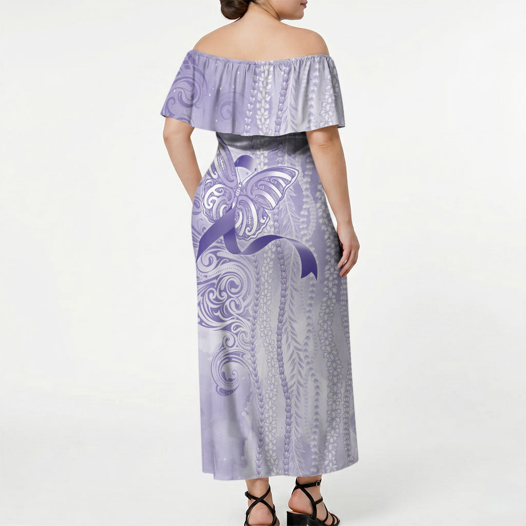 Hawaii Epilepsy Support Purple Ribbon Strength Off Shoulder Maxi Dress Maile Pikake Lokelani Crown Flower Lei Inspired
