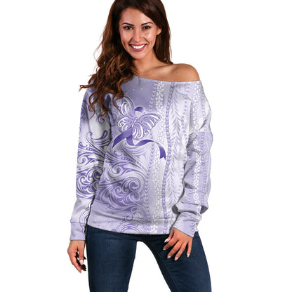 Hawaii Epilepsy Support Purple Ribbon Strength Off Shoulder Sweater Maile Pikake Lokelani Crown Flower Lei Inspired