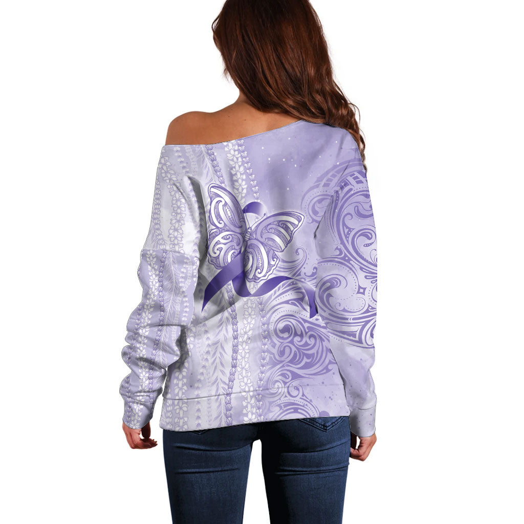 Hawaii Epilepsy Support Purple Ribbon Strength Off Shoulder Sweater Maile Pikake Lokelani Crown Flower Lei Inspired