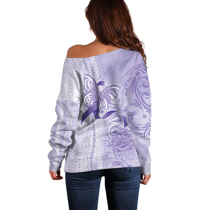 Hawaii Epilepsy Support Purple Ribbon Strength Off Shoulder Sweater Maile Pikake Lokelani Crown Flower Lei Inspired