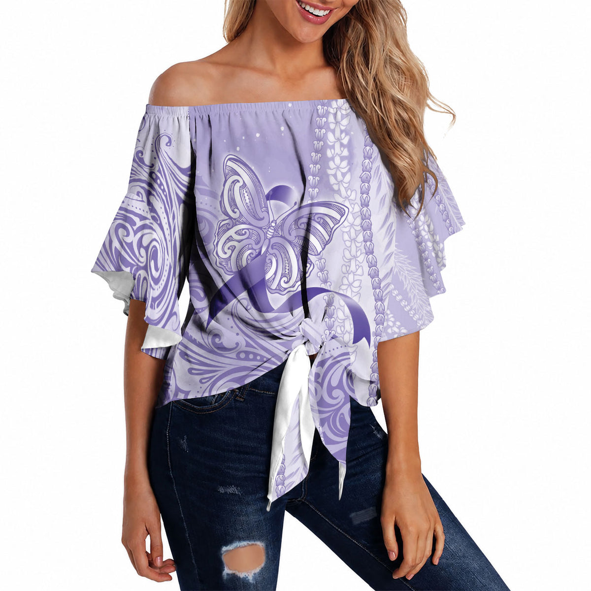 Hawaii Epilepsy Support Purple Ribbon Strength Off Shoulder Wrap Waist Top Maile Pikake Lokelani Crown Flower Lei Inspired