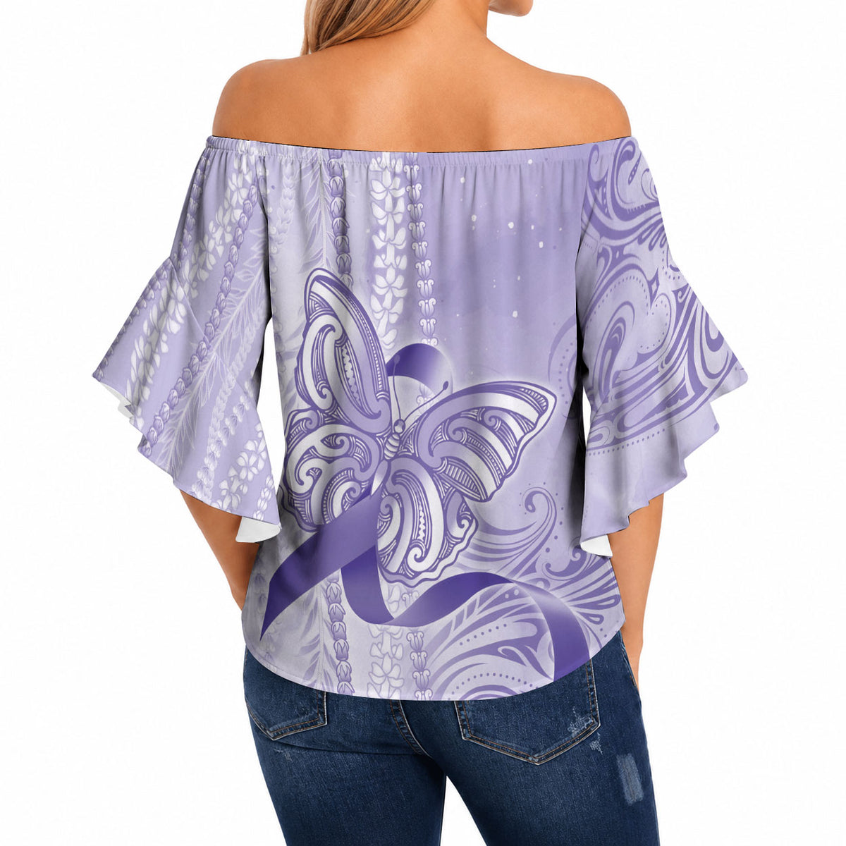 Hawaii Epilepsy Support Purple Ribbon Strength Off Shoulder Wrap Waist Top Maile Pikake Lokelani Crown Flower Lei Inspired