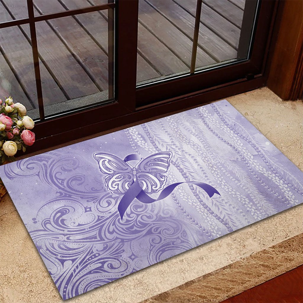 Hawaii Epilepsy Support Purple Ribbon Strength Rubber Doormat Maile Pikake Lokelani Crown Flower Lei Inspired