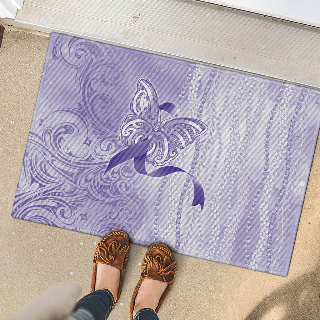 Hawaii Epilepsy Support Purple Ribbon Strength Rubber Doormat Maile Pikake Lokelani Crown Flower Lei Inspired