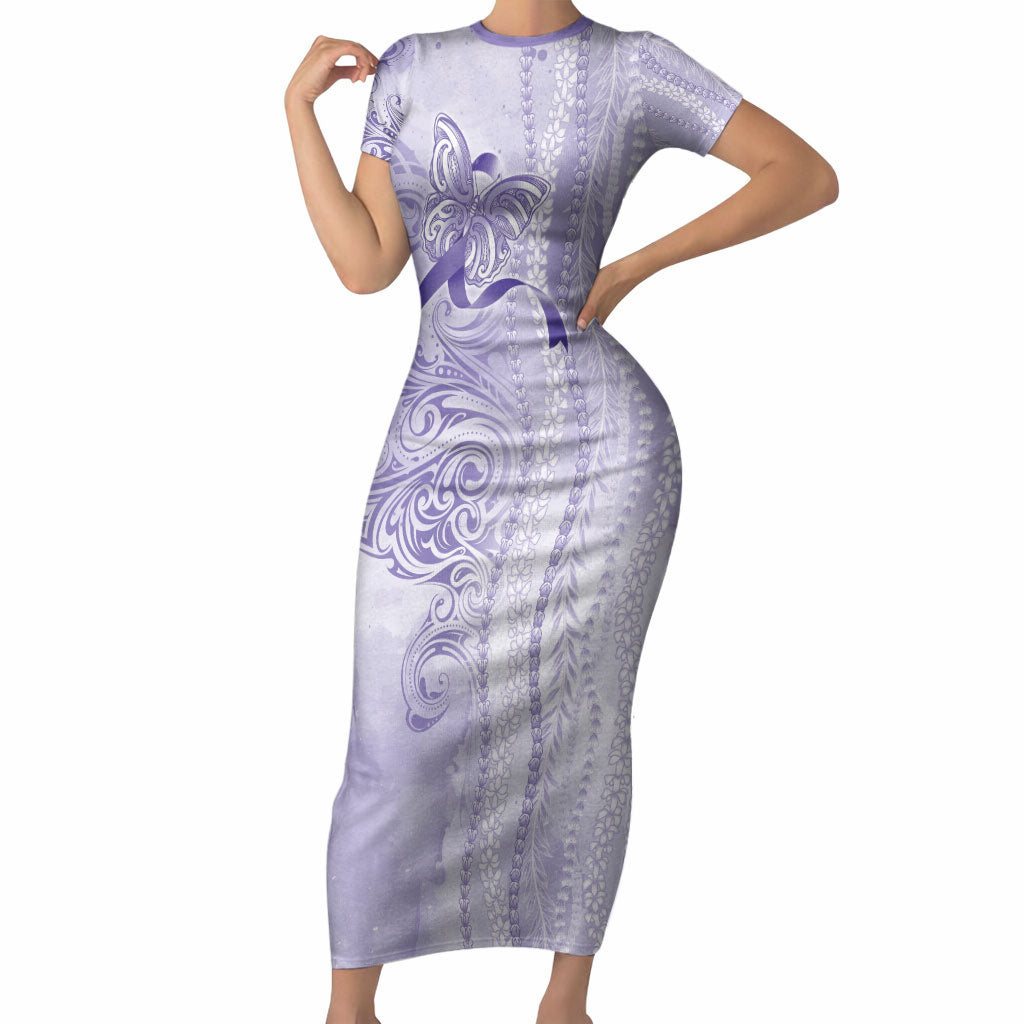 Hawaii Epilepsy Support Purple Ribbon Strength Short Sleeve Bodycon Dress Maile Pikake Lokelani Crown Flower Lei Inspired