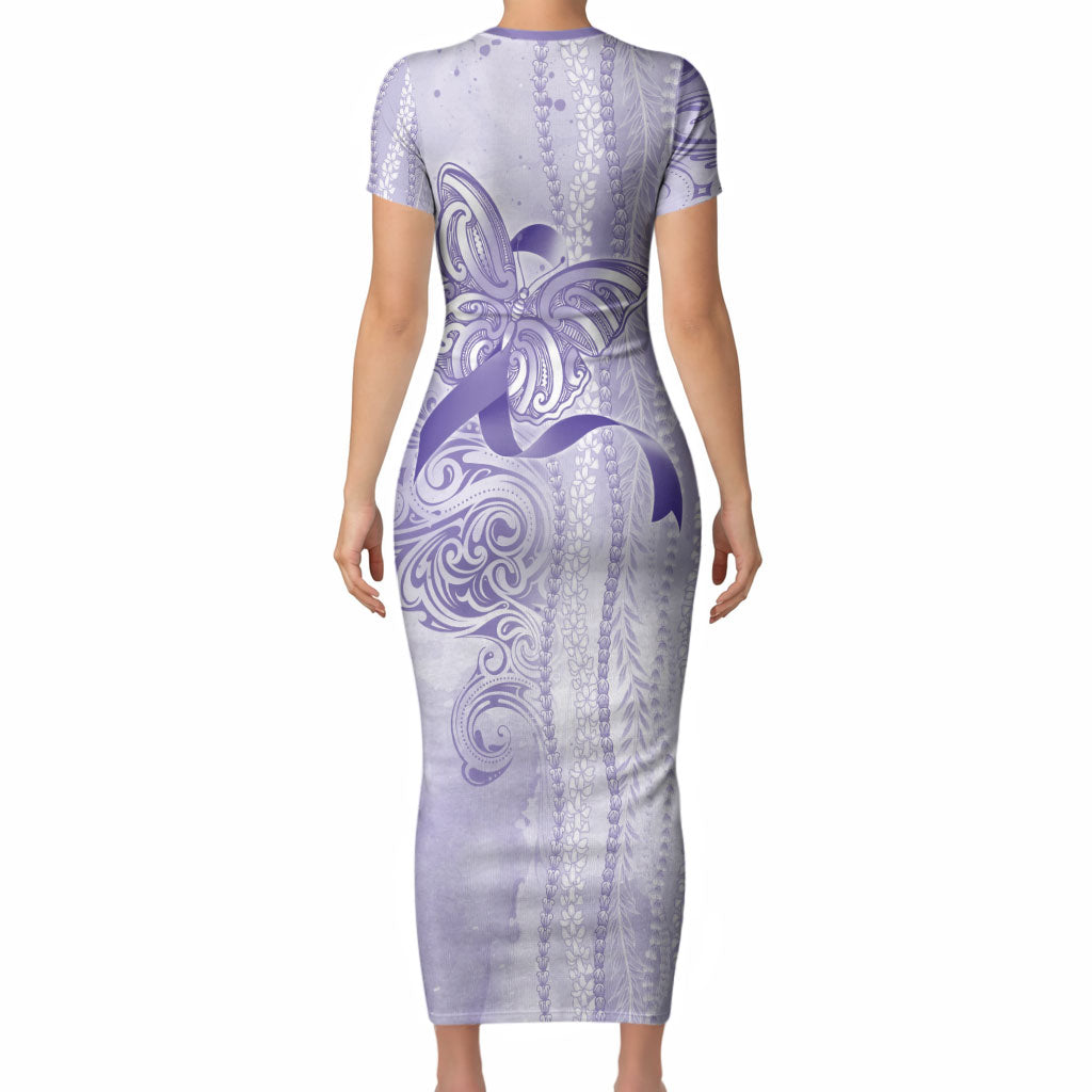 Hawaii Epilepsy Support Purple Ribbon Strength Short Sleeve Bodycon Dress Maile Pikake Lokelani Crown Flower Lei Inspired