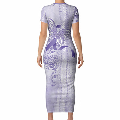 Hawaii Epilepsy Support Purple Ribbon Strength Short Sleeve Bodycon Dress Maile Pikake Lokelani Crown Flower Lei Inspired