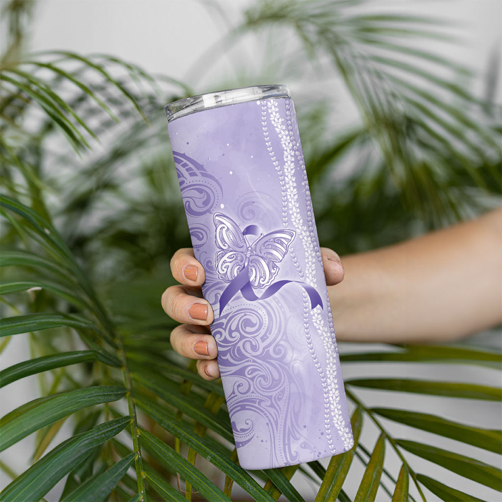 Hawaii Epilepsy Support Purple Ribbon Strength Skinny Tumbler Maile Pikake Lokelani Crown Flower Lei Inspired