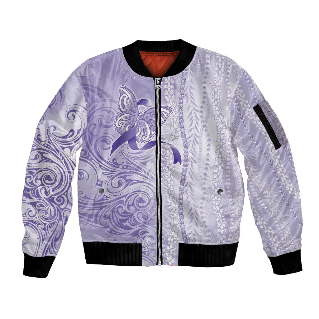 Hawaii Epilepsy Support Purple Ribbon Strength Sleeve Zip Bomber Jacket Maile Pikake Lokelani Crown Flower Lei Inspired