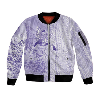 Hawaii Epilepsy Support Purple Ribbon Strength Sleeve Zip Bomber Jacket Maile Pikake Lokelani Crown Flower Lei Inspired